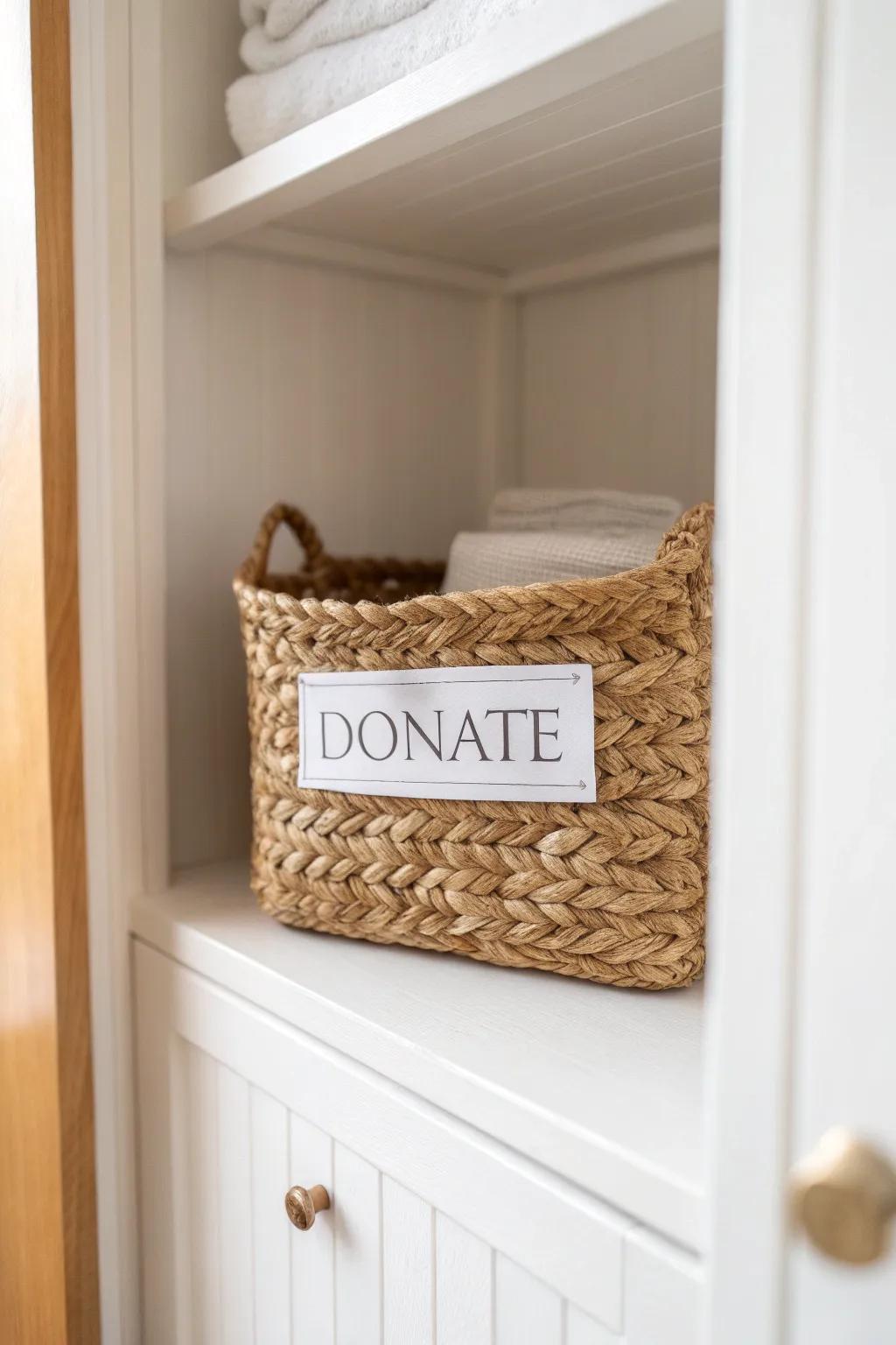 Purge first: one chic donate basket makes a hallway linen closet instantly easier to organize.