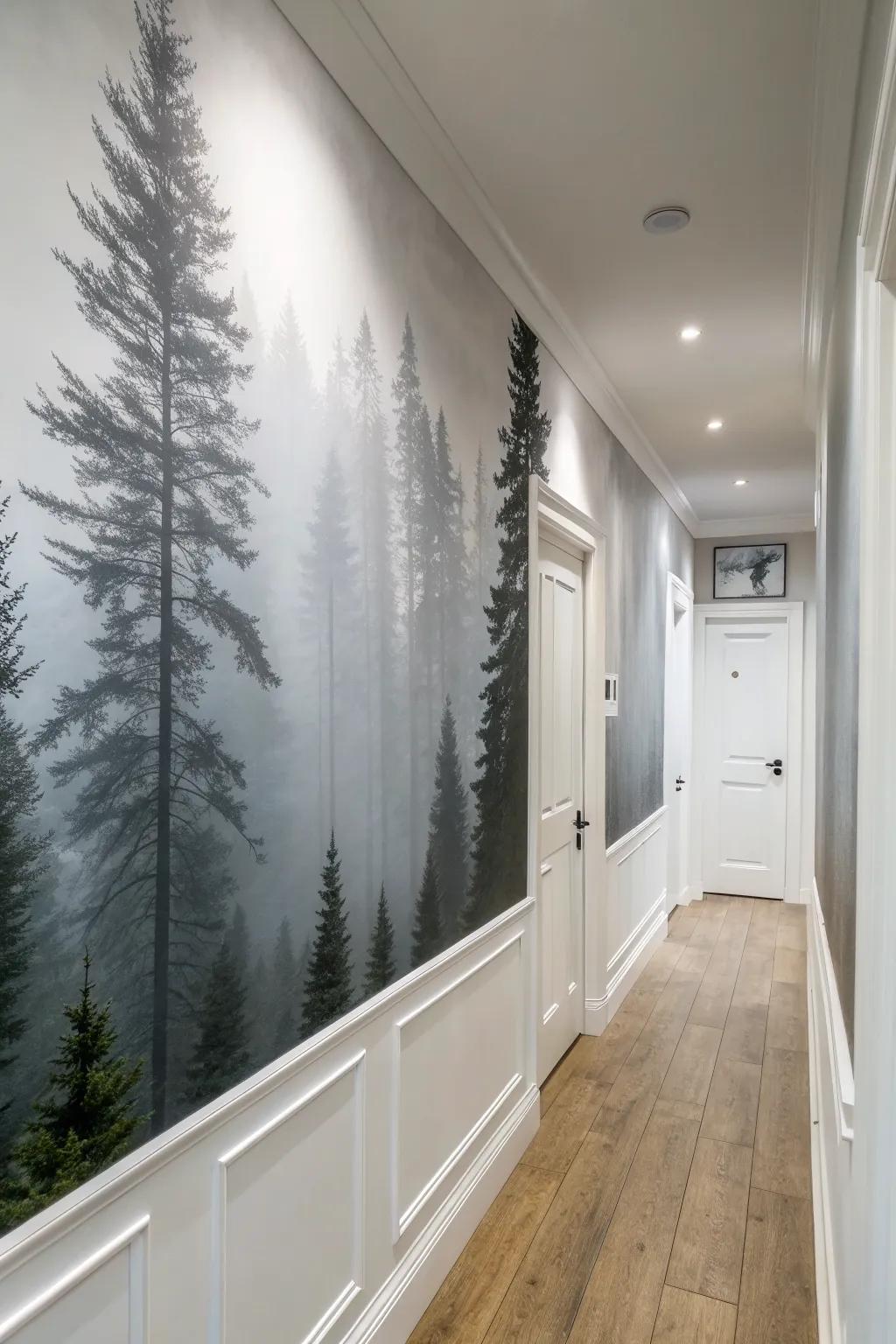 Misty forest mural adds depth to a narrow hallway—airy, calm, and instantly larger.