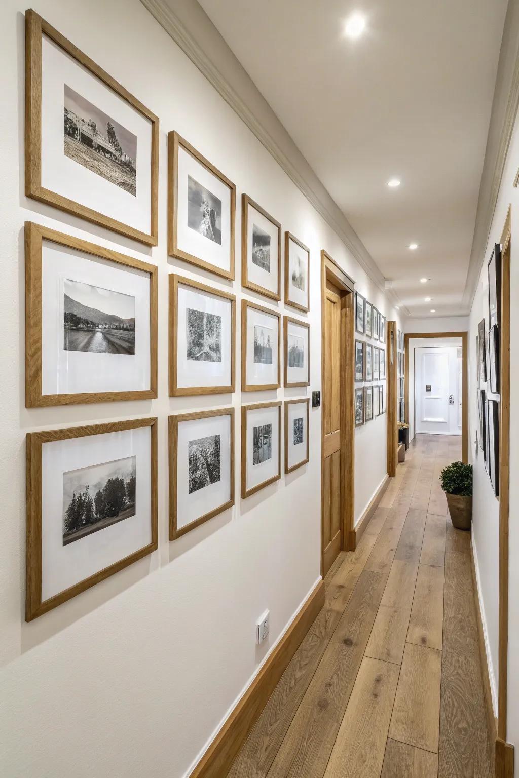 A calm, classic hallway photo wall: matching frames in a perfectly spaced symmetrical grid.