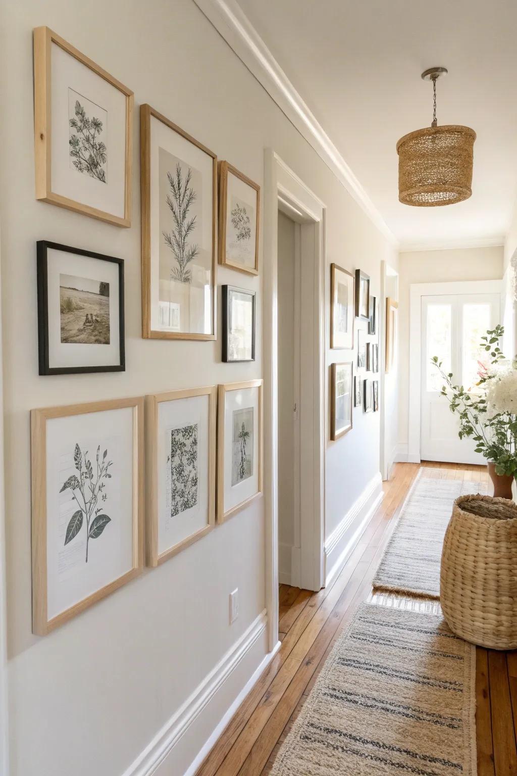 A tight, classic gallery wall that fills hallway space without cluttering the walkway.