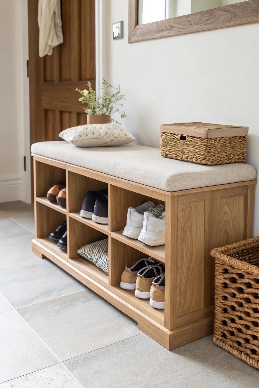 A calm hallway hero: a cubby shoe bench that stores pairs neatly and adds a seat.