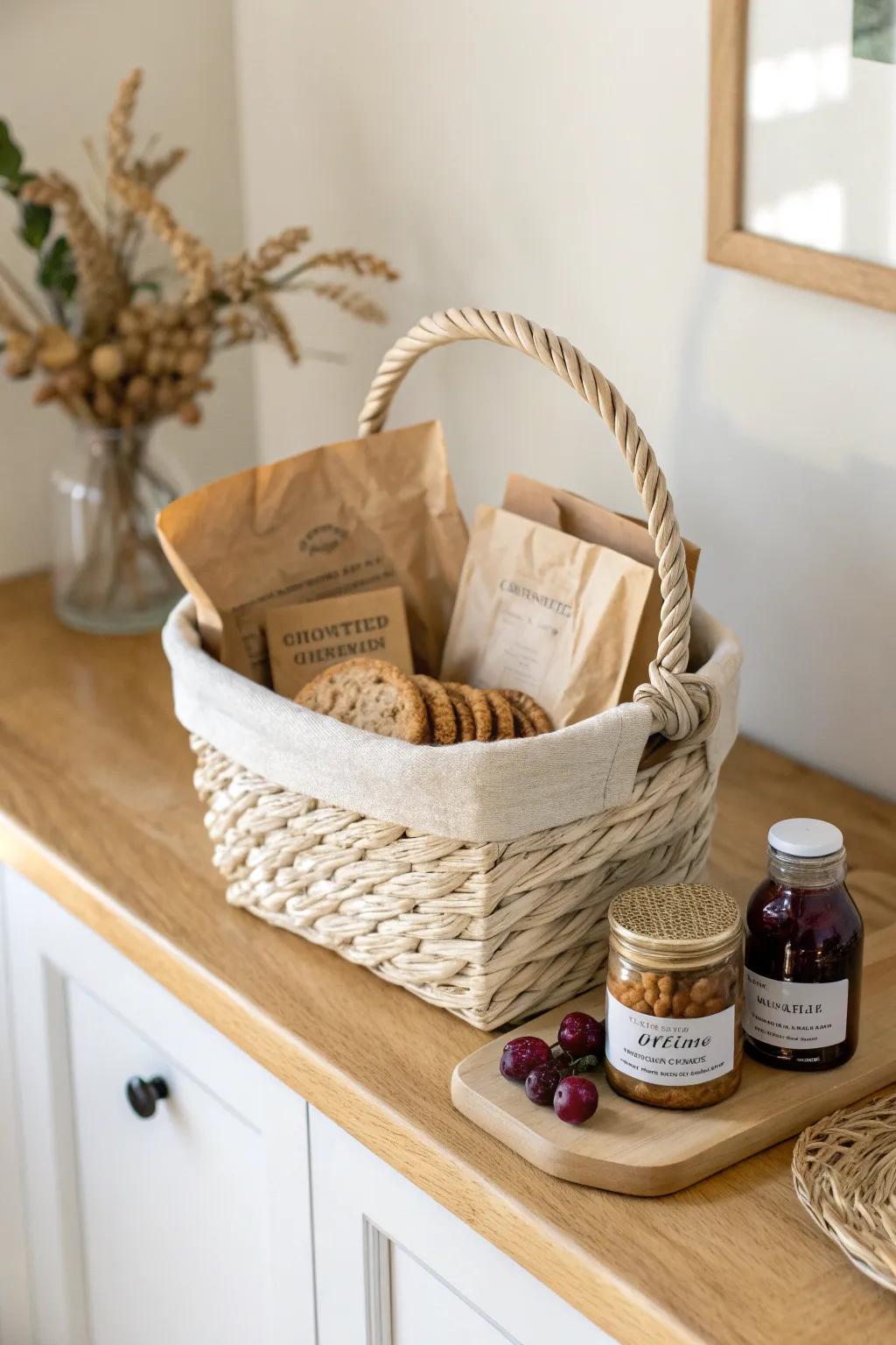 Classic gourmet treat hamper: neutral woven basket, pantry treats, and simple styling.