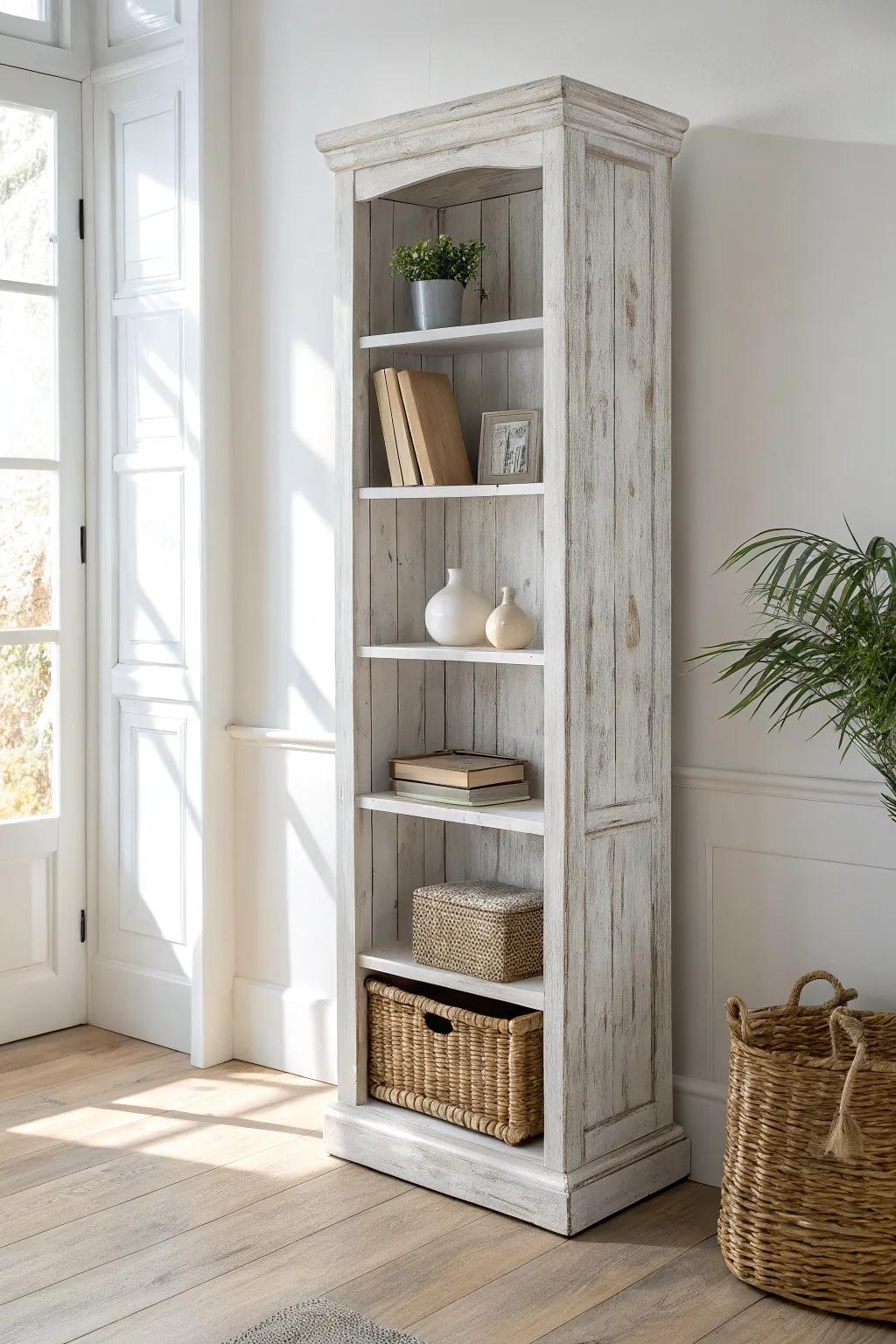 Classic soft-white hand-painted bookcase that brightens a tiny corner and makes styling feel calm.
