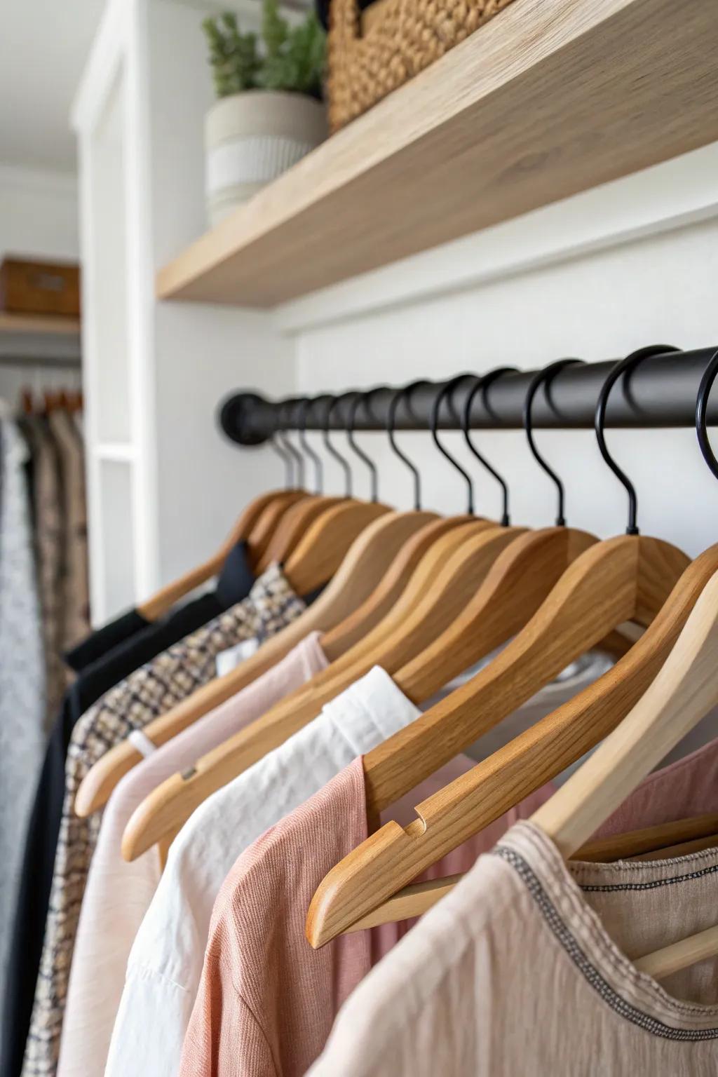 Create a hanger parking zone: empty hangers neatly parked at one end of the closet rod.