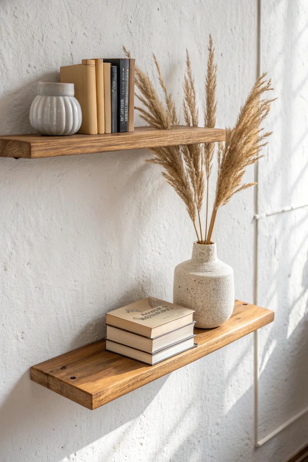 Classic floating shelf styling: clean lines, light oak warmth, and an airy built-in look.