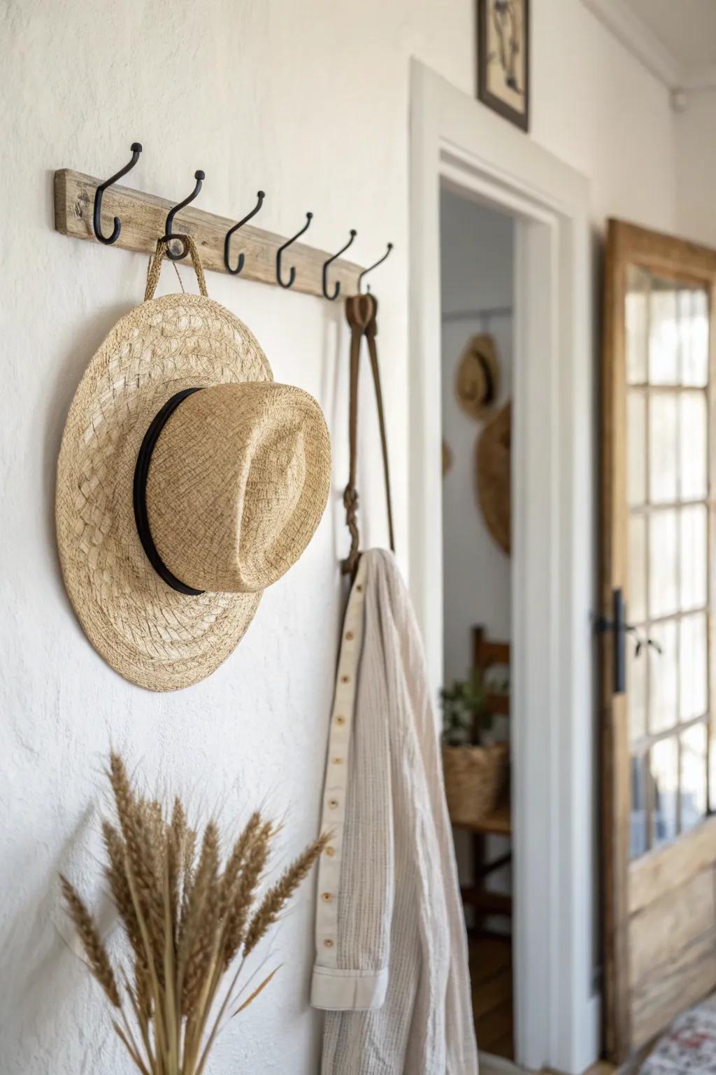 A simple hook row keeps wide-brim hats tidy—spaced just right to avoid bent brims.