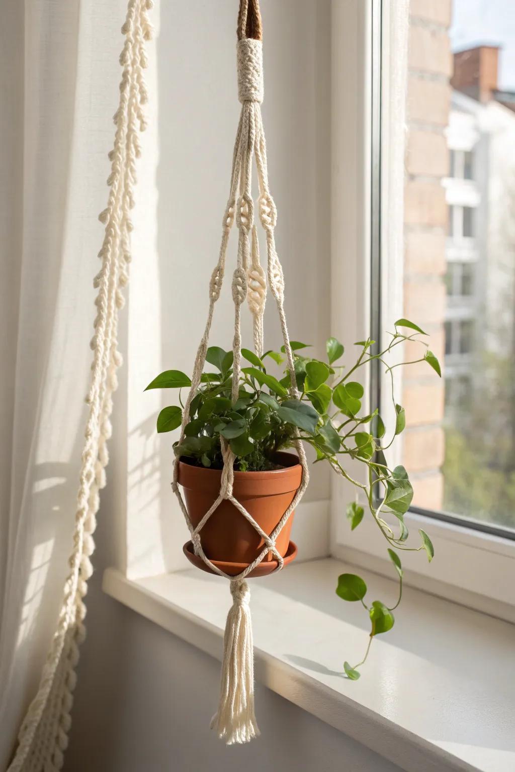 Classic macramé by a sunny window—instant texture and trailing greenery for small spaces.