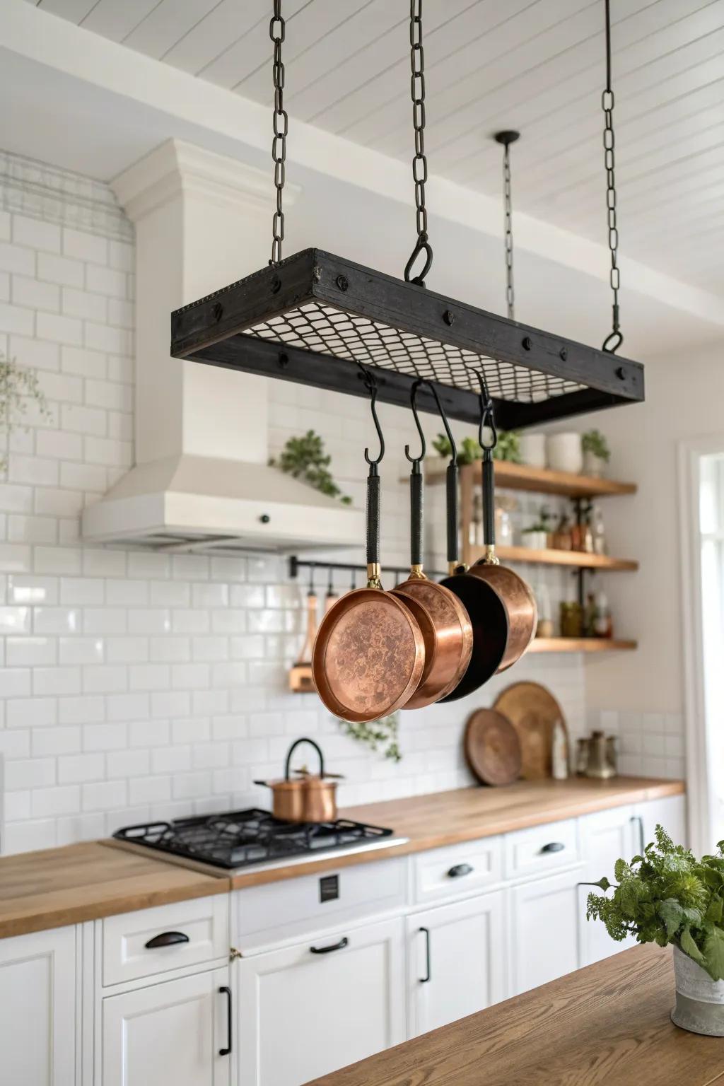 A ceiling pot rack over the island: beautiful storage that keeps cookware within easy reach.