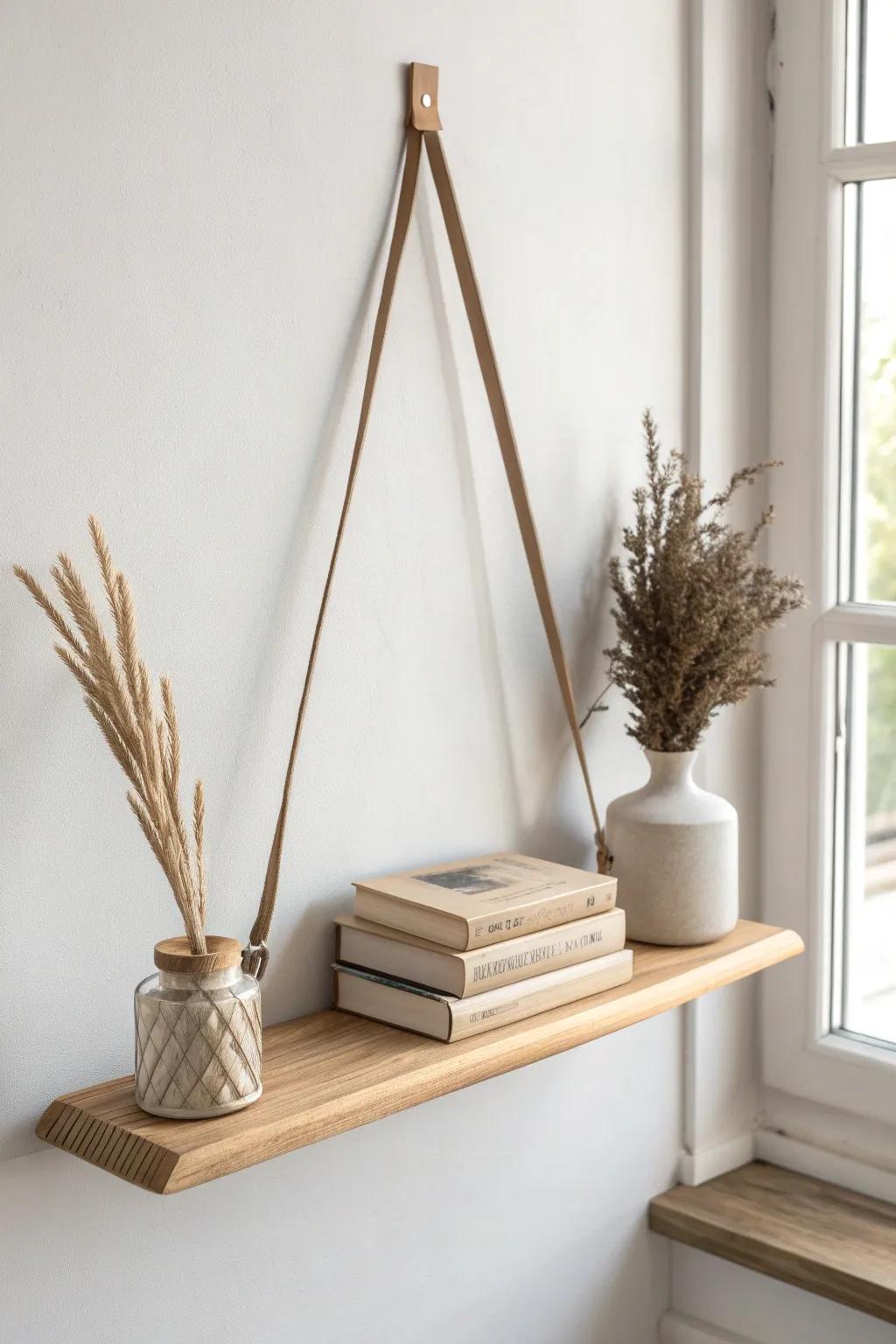 A simple hanging floating shelf in pale oak—lightly styled to keep small spaces airy.