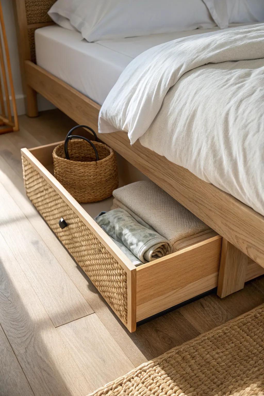 A sleek woven bin that glides under the bed—hidden storage for linens and off-season clothes.
