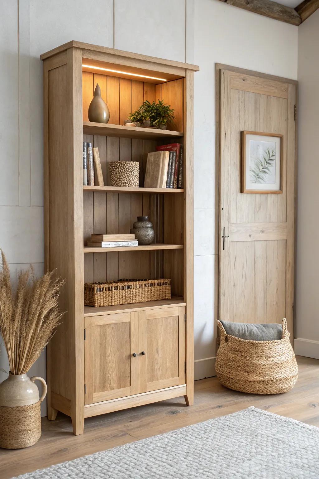 A classic bookcase door—styled like furniture, hiding storage with a warm, secret glow.