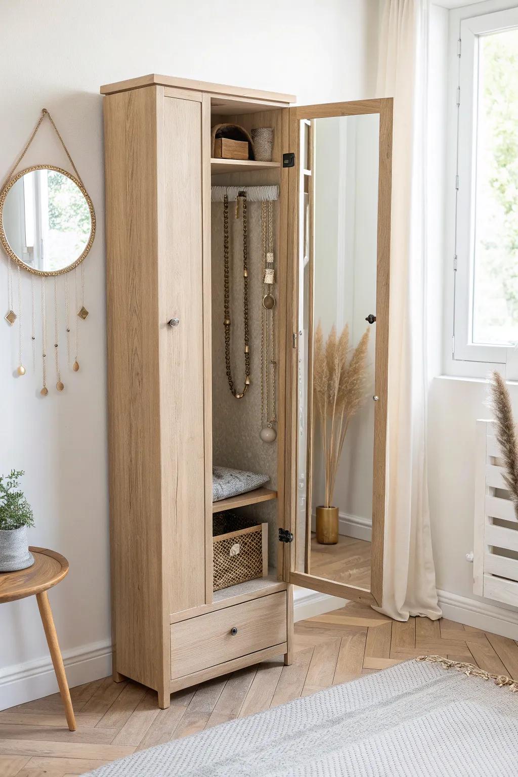 A full-length mirror that swings open to reveal tangle-free necklace hooks and hidden storage.