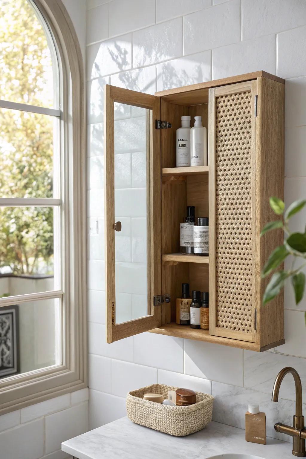 Flush recessed mirror cabinet between studs—hidden storage without stealing sink space.
