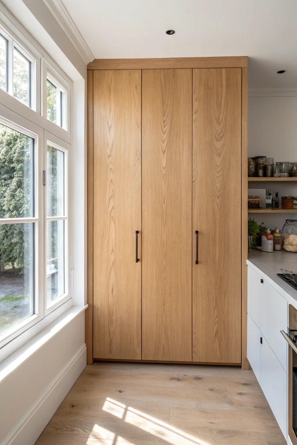 A cabinet door that’s secretly a pantry—seamless lines keep small kitchens looking calm.