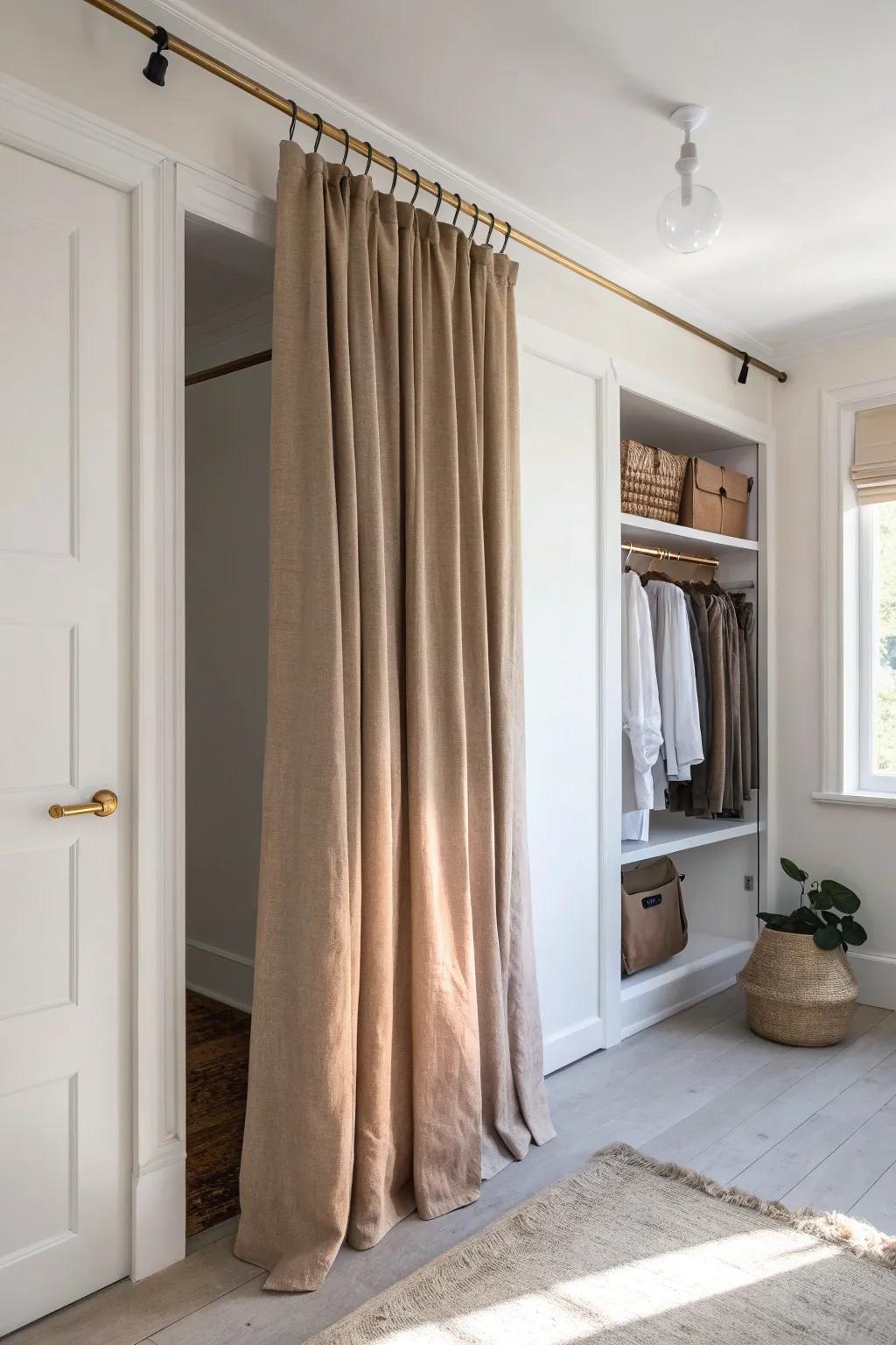 A ceiling-track linen curtain forms a sleek, slide-open wall to hide furnace & water heater.