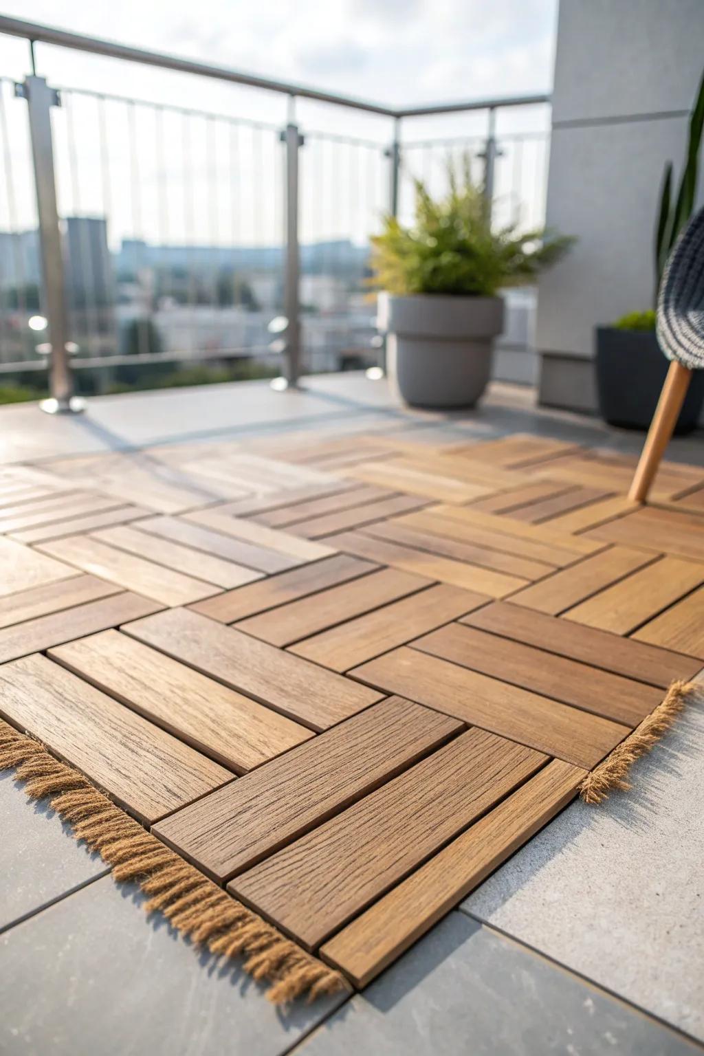 Warm deck tiles transform cold high-rise concrete into a cozy, barefoot-friendly balcony.