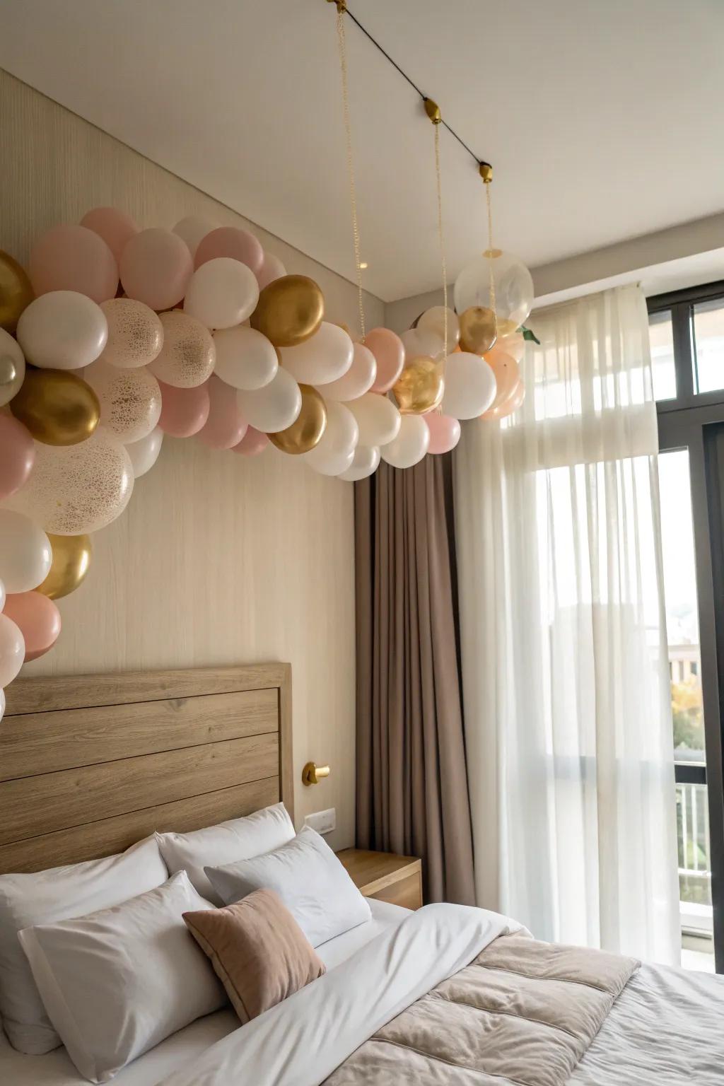 A chic balloon arch on the headboard makes even a tiny hotel room birthday-ready.