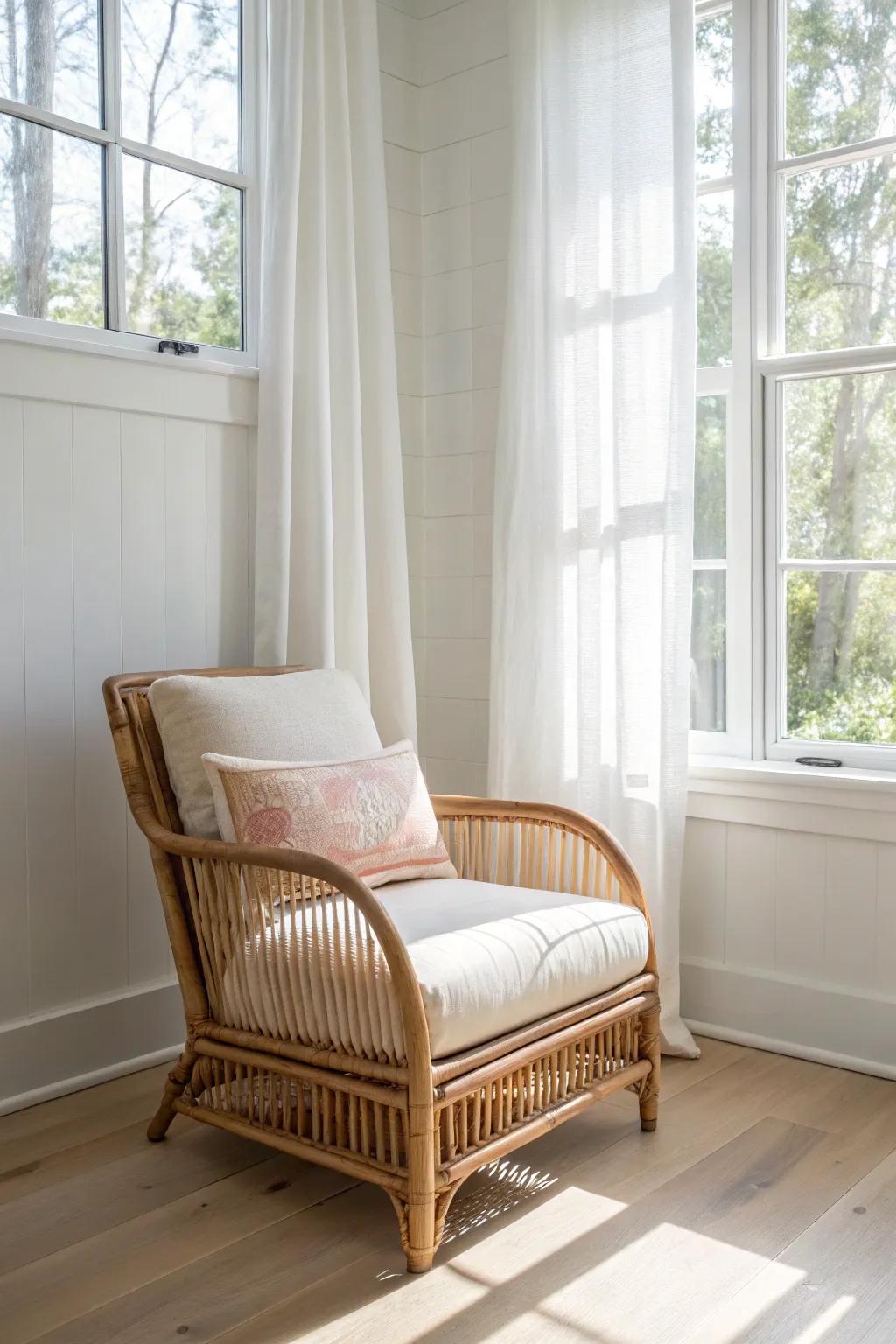 Light neutrals in a sunroom: one woven chair + linen cushion to bounce every ray.