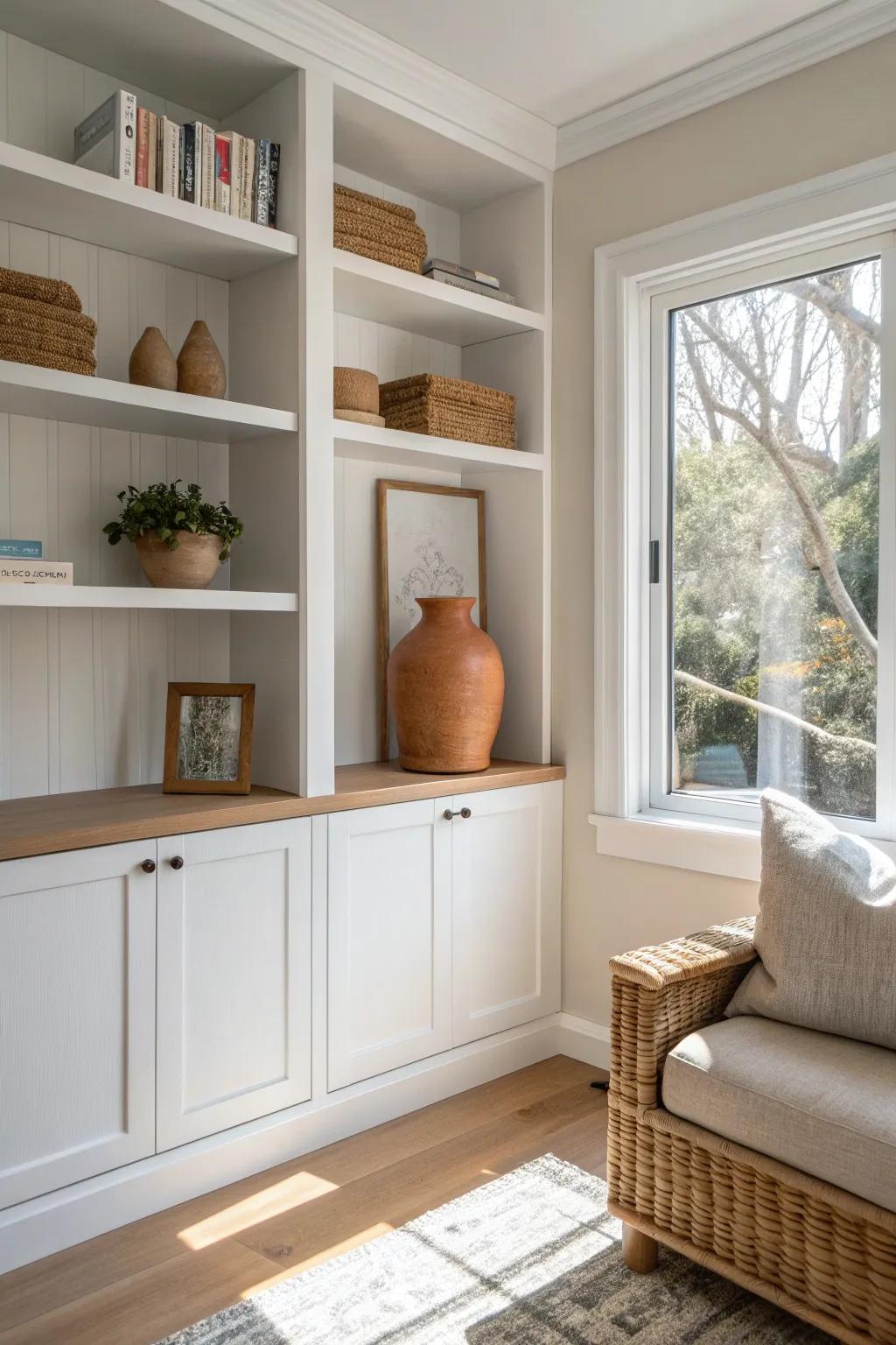 Blank slate shelves: clear everything off, dust, then begin with one handcrafted statement piece.