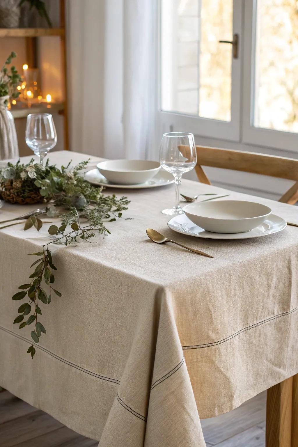 Elevate your dining experience with a minimalist tablecloth that lets your dinnerware shine! #ScandinavianStyle #MinimalistBeauty