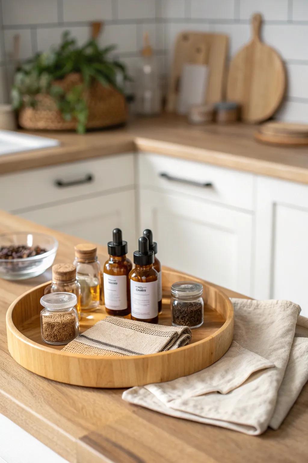 A bamboo Lazy Susan makes deep corner cabinets spin into easy, grab-and-go storage.