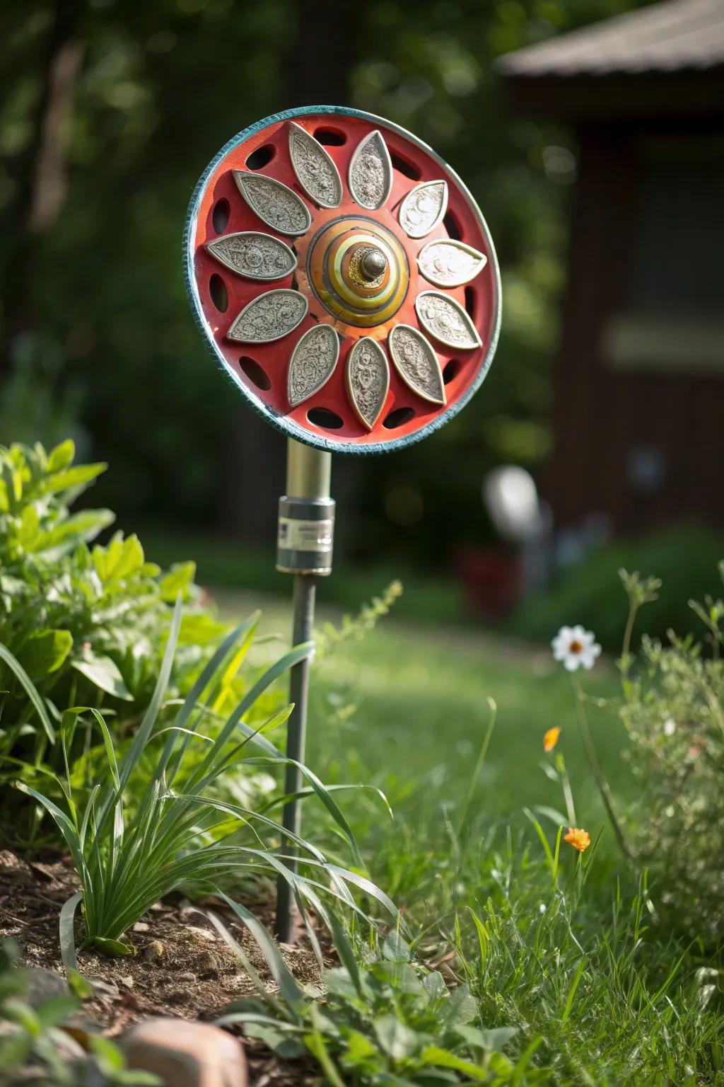 Revitalize your garden with a striking hubcap flower creation, where craftsmanship meets sustainability.