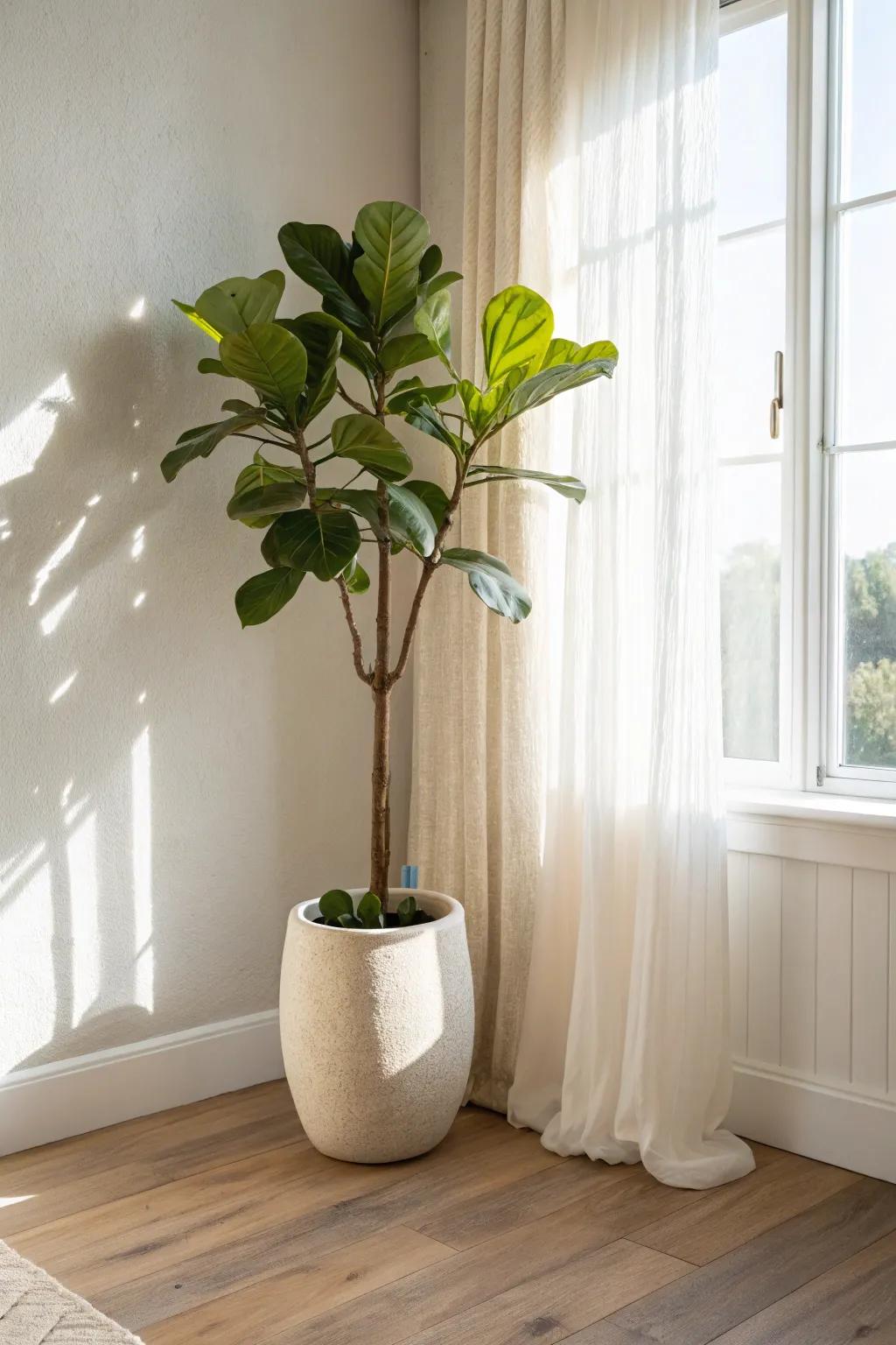 Turn a dead corner into a calm focal point—add one tall plant for height and softness.