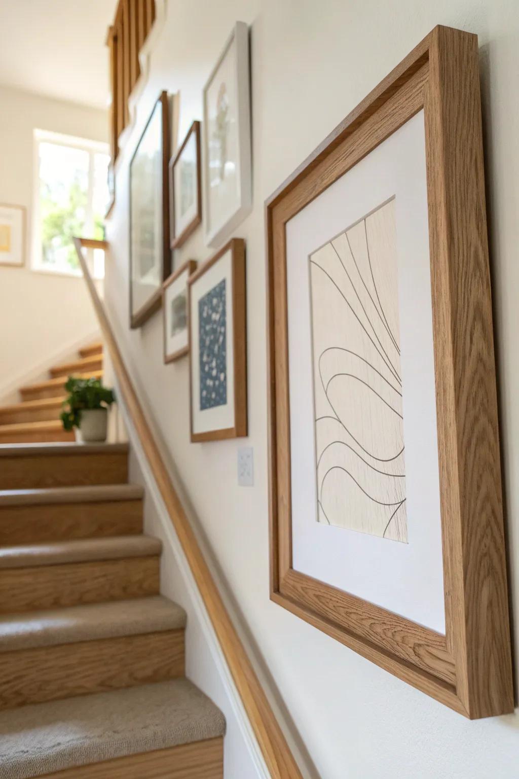 A minimalist oak frame anchors a staircase gallery wall, making the stairwell feel curated.