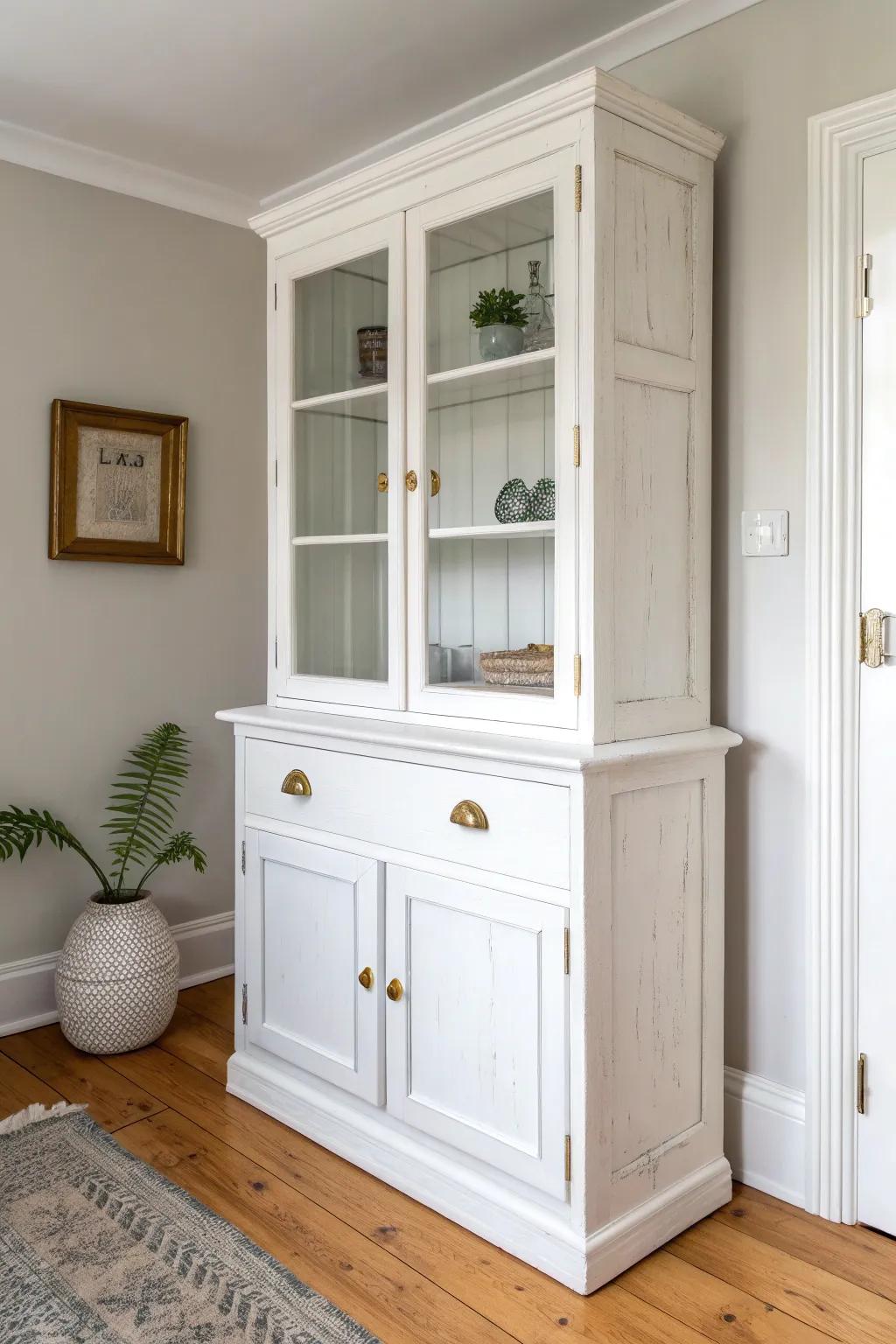 Crisp white paint turns an old hutch airy and fresh—ideal for lightening a tiny room.