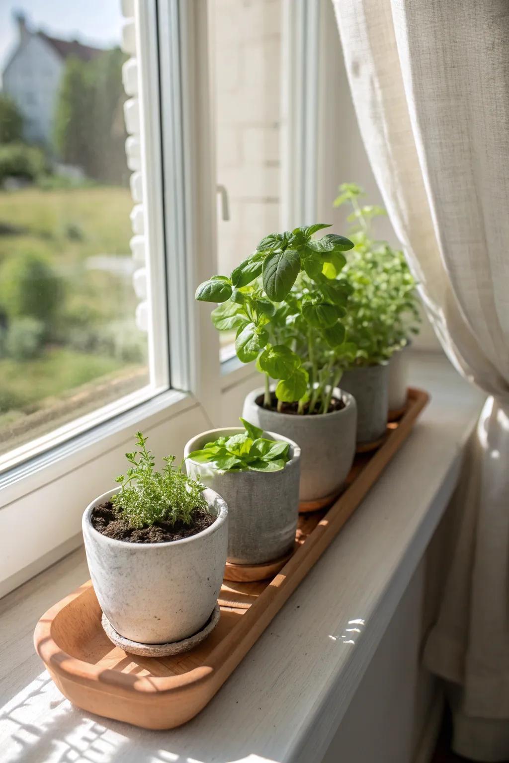 A tidy windowsill herb row on one drip tray—minimal, sunlit, and small-space friendly.