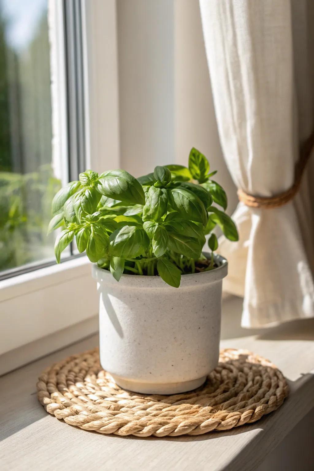 Sunlit windowsill basil in a handmade pot—tiny-space cooking feels instantly calmer and more home.
