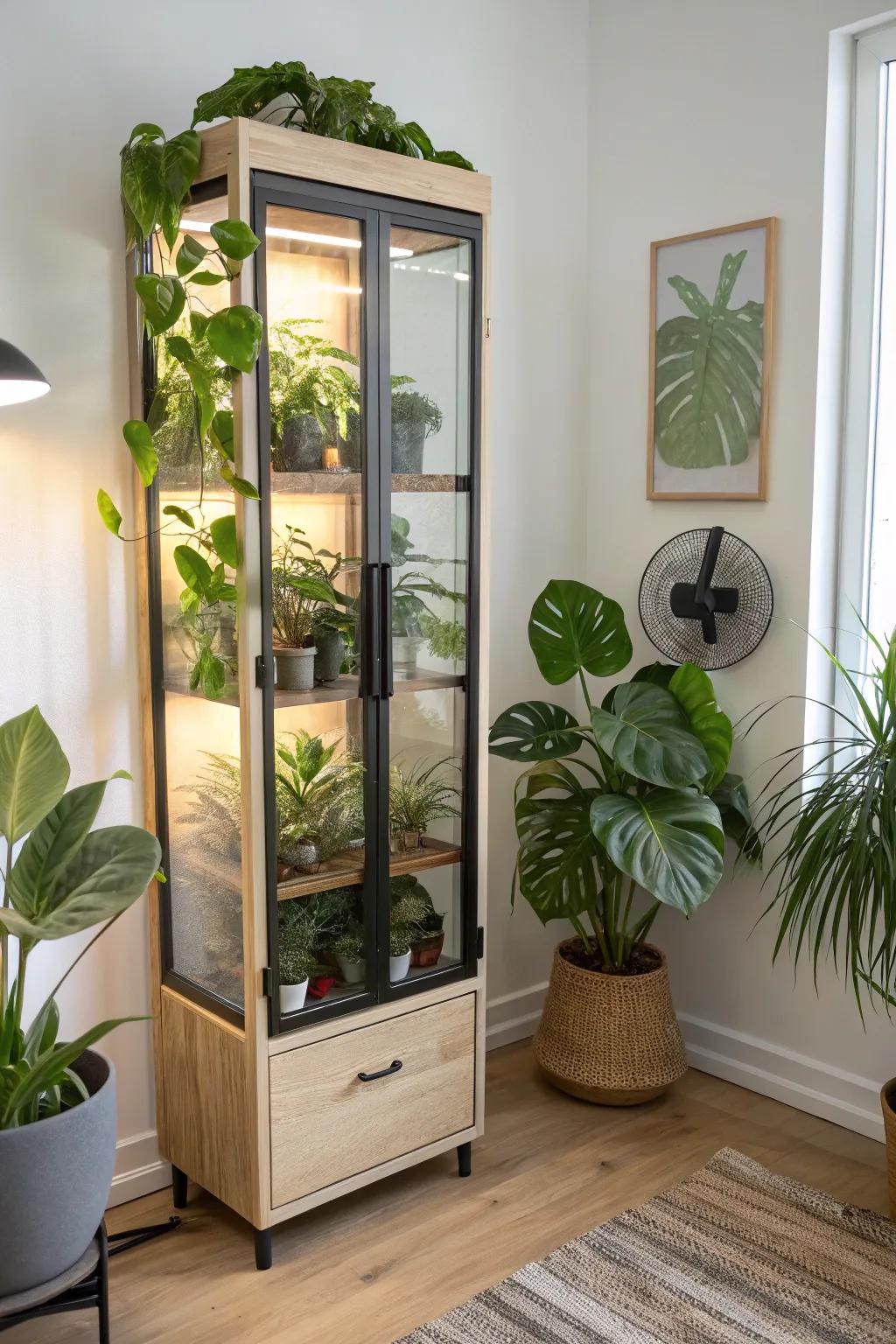 A glass-front cabinet greenhouse with hidden grow lights—compact, tidy, and beautifully lush.