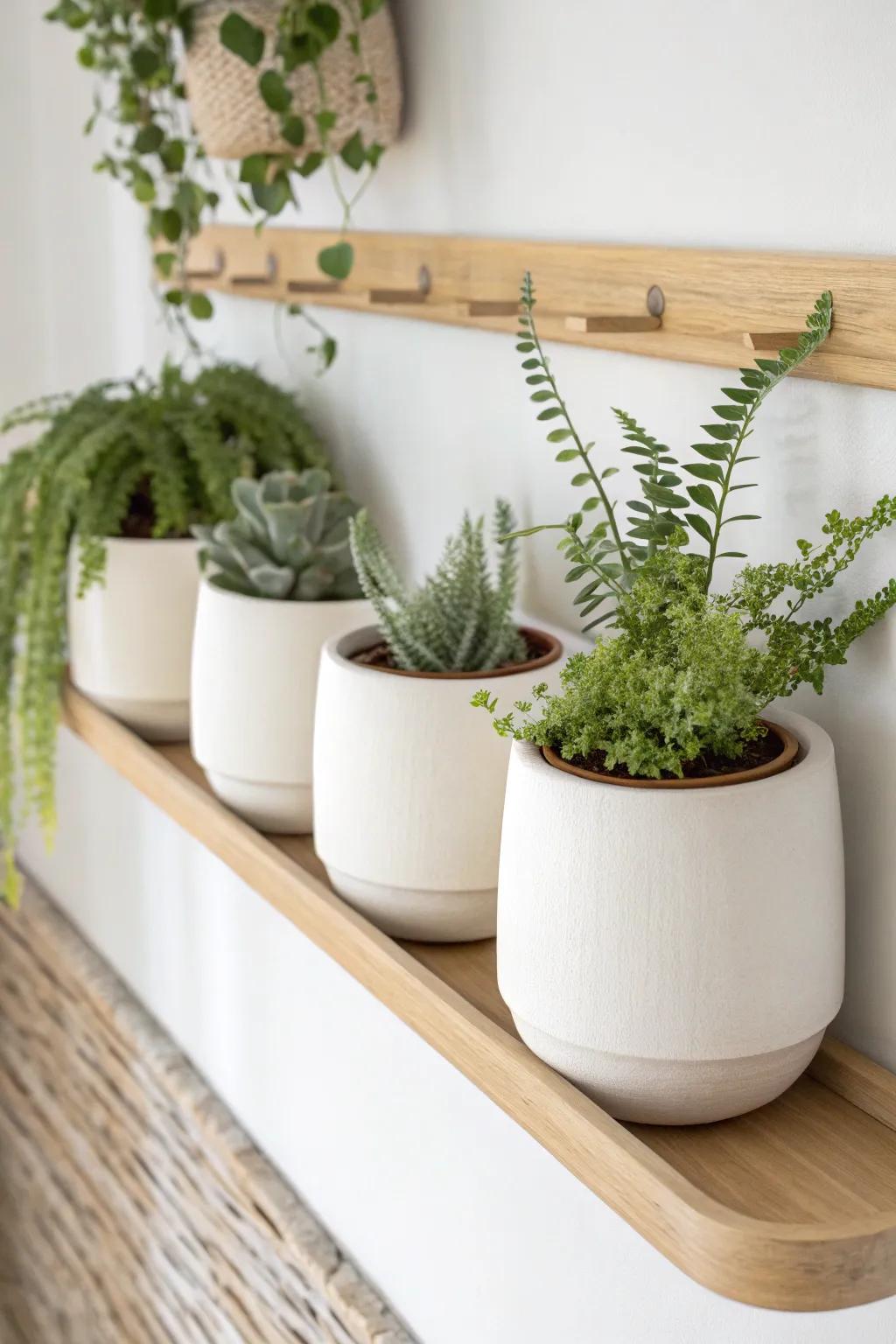 Classic mounted pots in a row—matching tones, natural wood, and greenery that feels calm in small spaces.