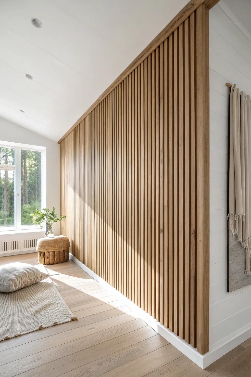 Floor-to-ceiling wood slats add height and warmth—keep the rest minimal for calm, chic style.
