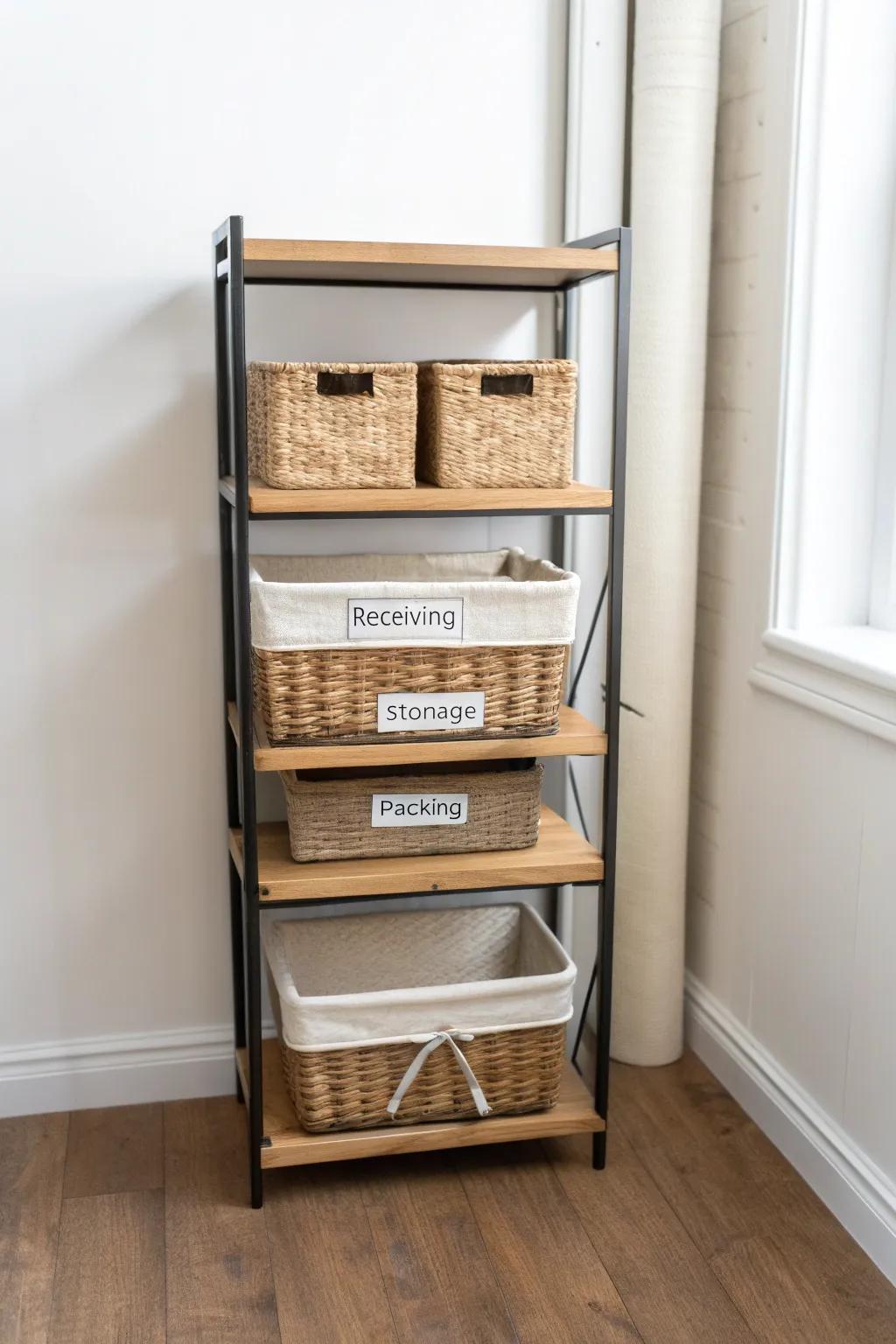 Create three simple zones—receiving, storage, packing—so inventory stays tidy and fast.