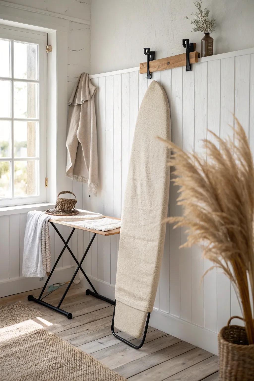 Two simple wall hooks turn your ironing board into sleek vertical storage in a tiny laundry nook.