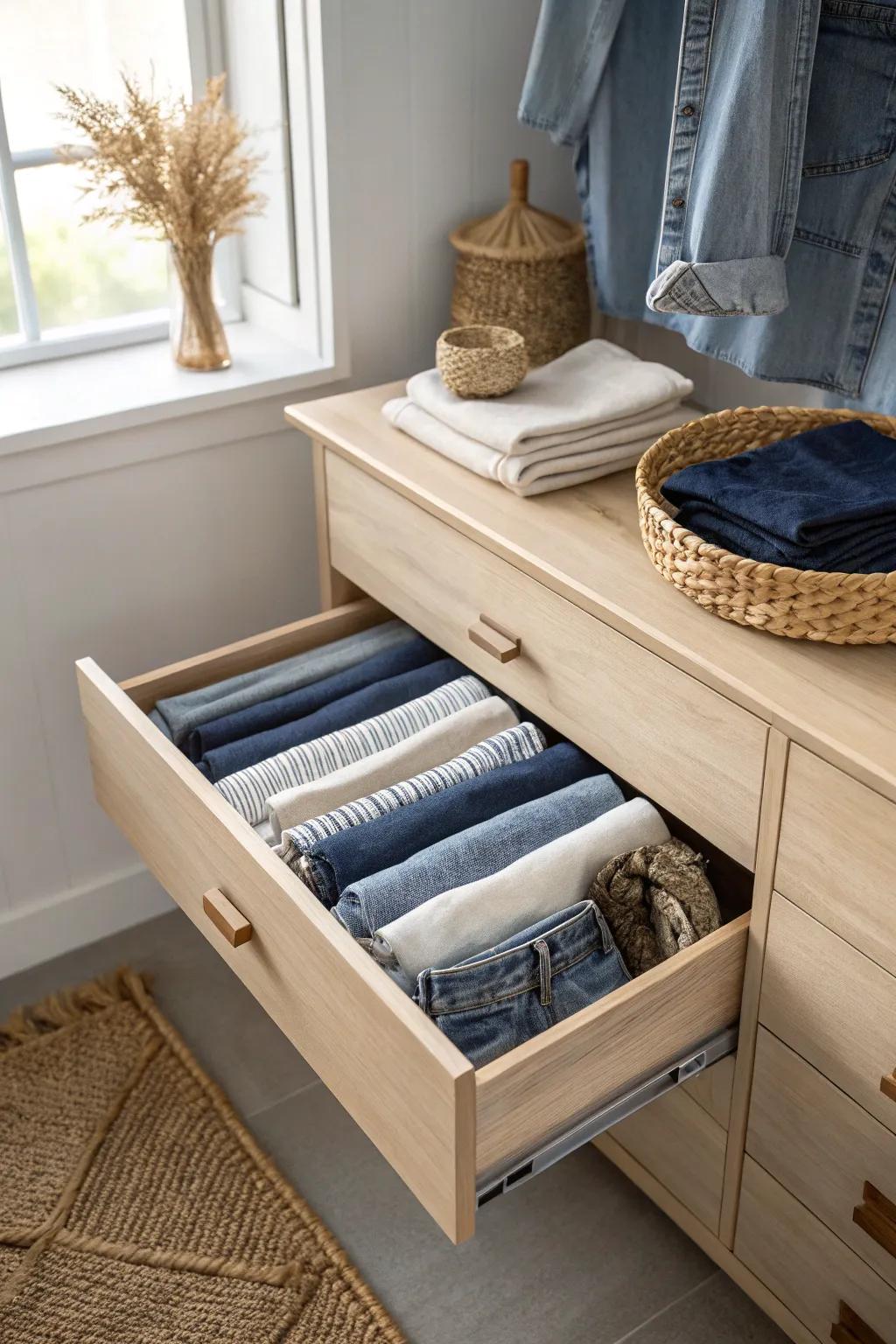 File-fold jeans upright in the drawer so every pair is visible—goodbye to the daily denim avalanche.