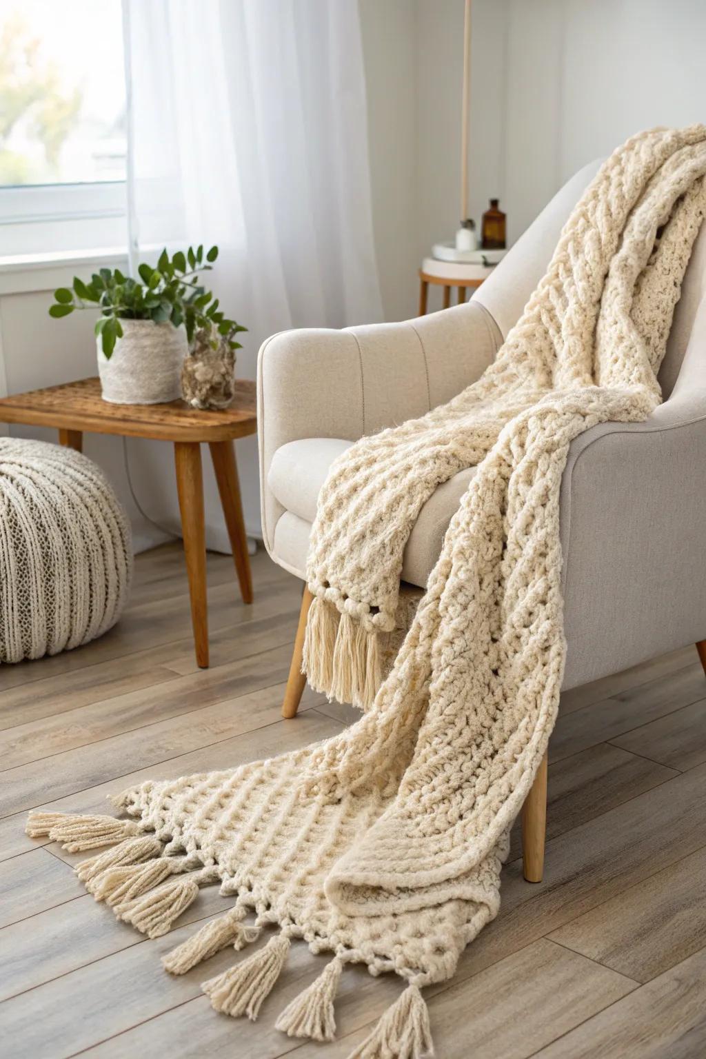 Wrap yourself in the warmth and elegance of a handmade chunky throw blanket, the perfect blend of Scandinavian simplicity and boho charm.
