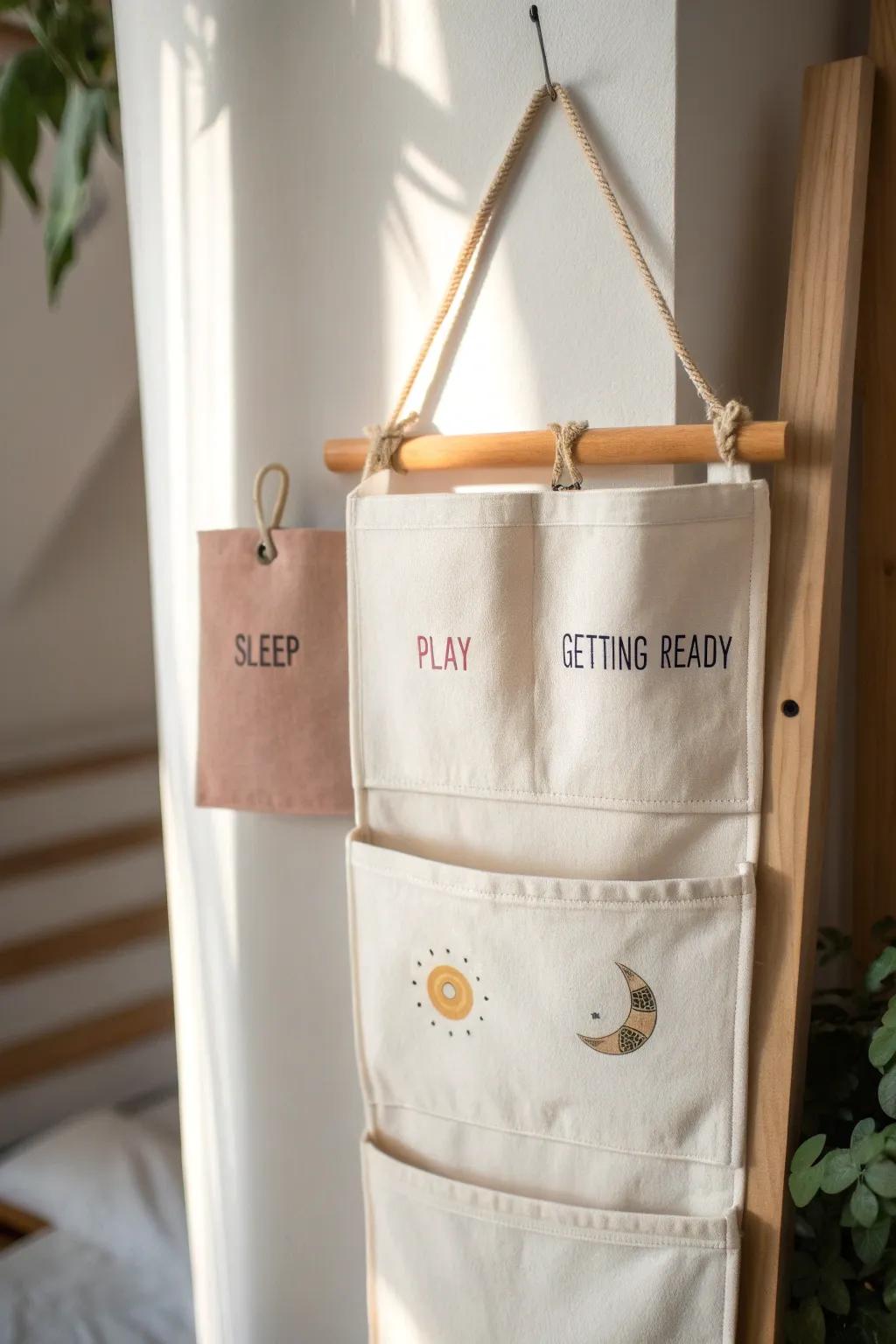 One hanging organizer with three pockets helps define sleep, play, and get‑ready zones.