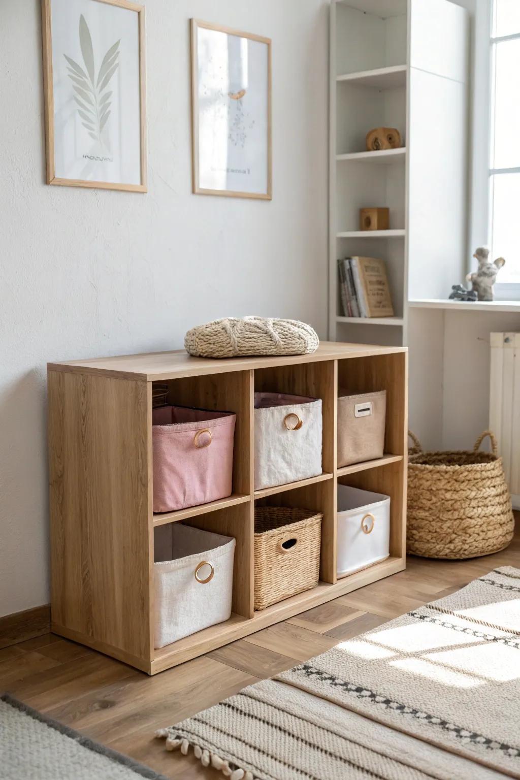 Low cube cubbies + soft fabric bins: kid-height storage that makes tidy-up effortless.