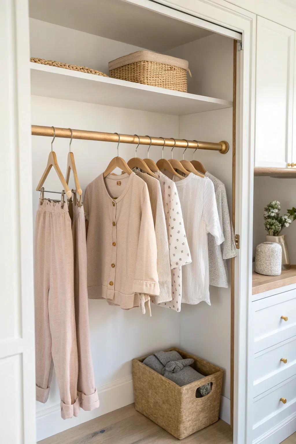 Double-hang closet rods: twice the hanging space for kids clothes without feeling cramped.