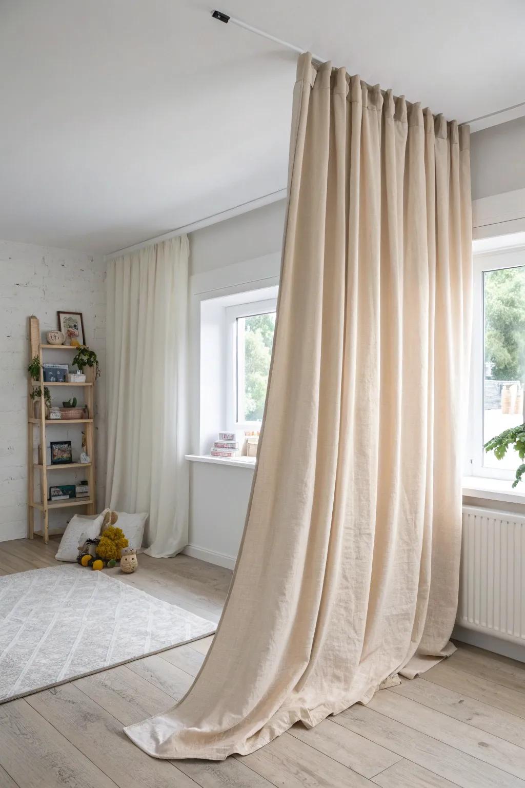 Ceiling-track, floor-to-ceiling curtains: a soft, washable divider that opens in seconds.