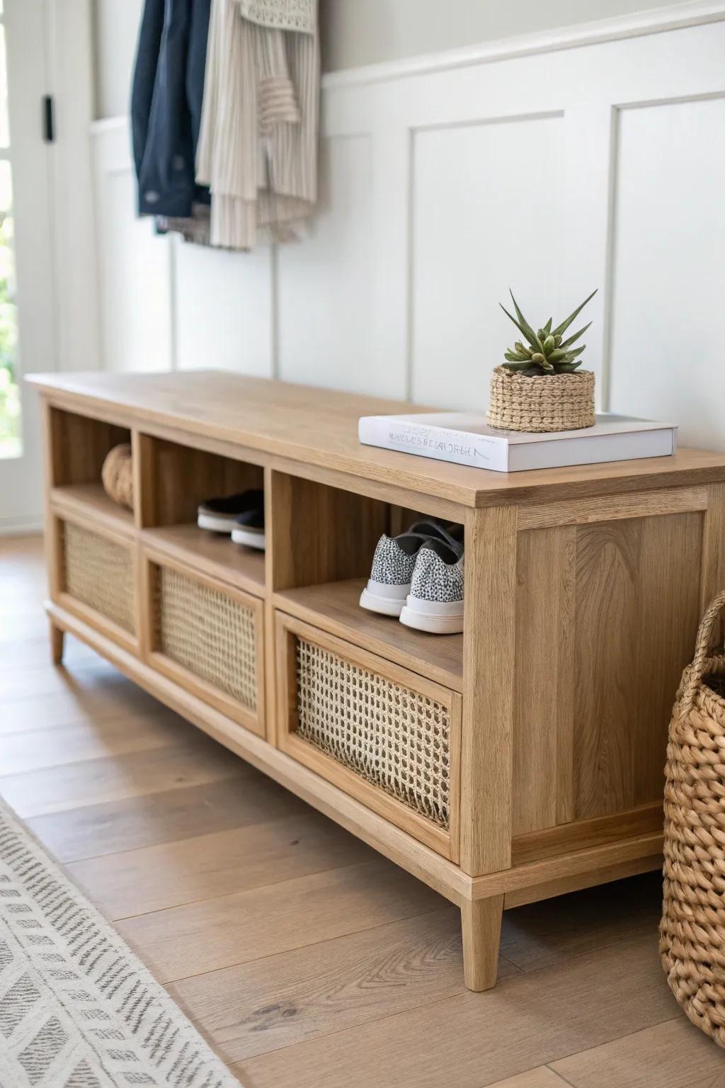 Kid-height shoe bench with cubbies—sit, slip shoes on, and stash them neatly in seconds.