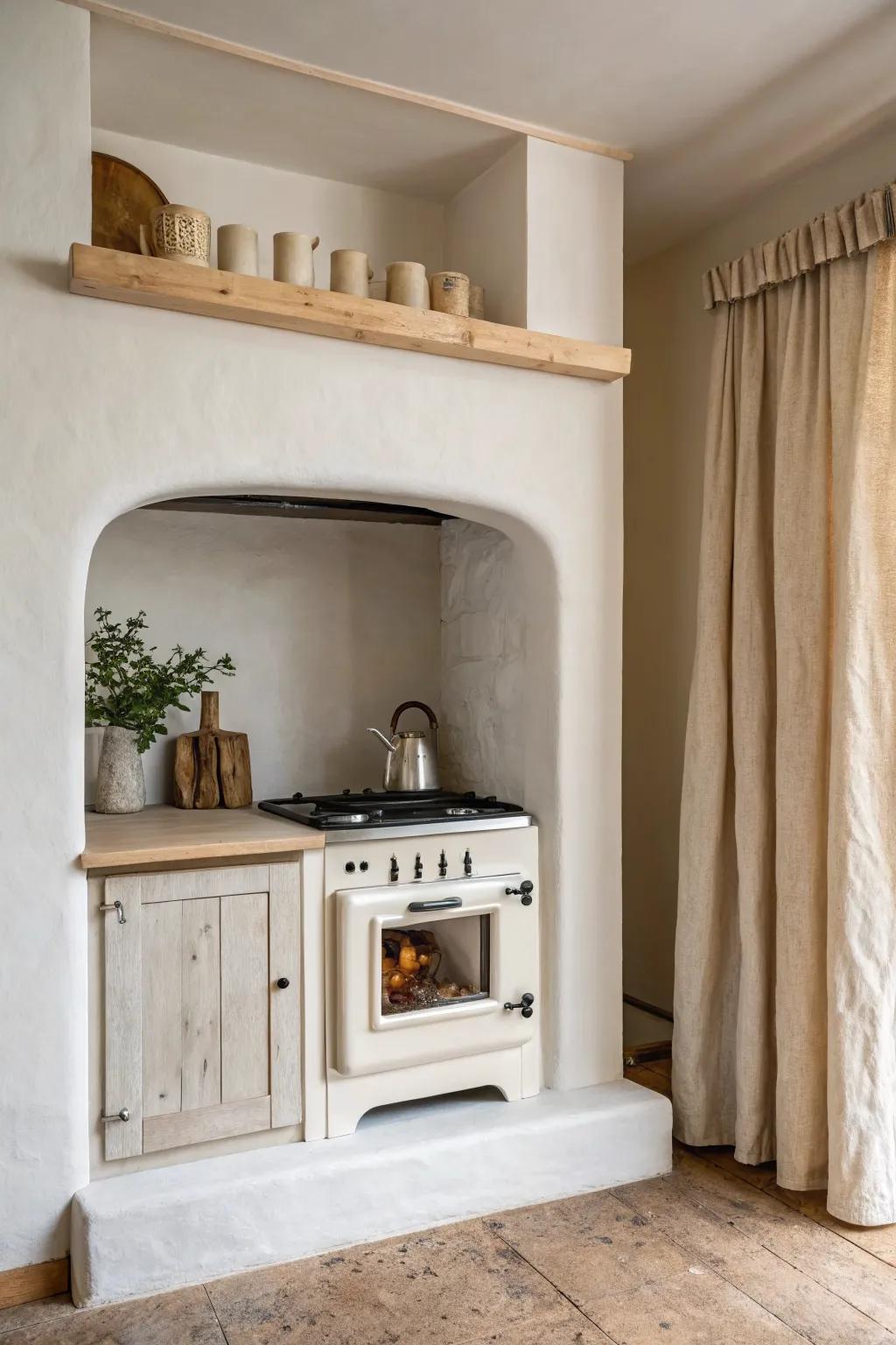 A recessed range alcove niche that makes a small kitchen feel custom, calm, and tucked-in.