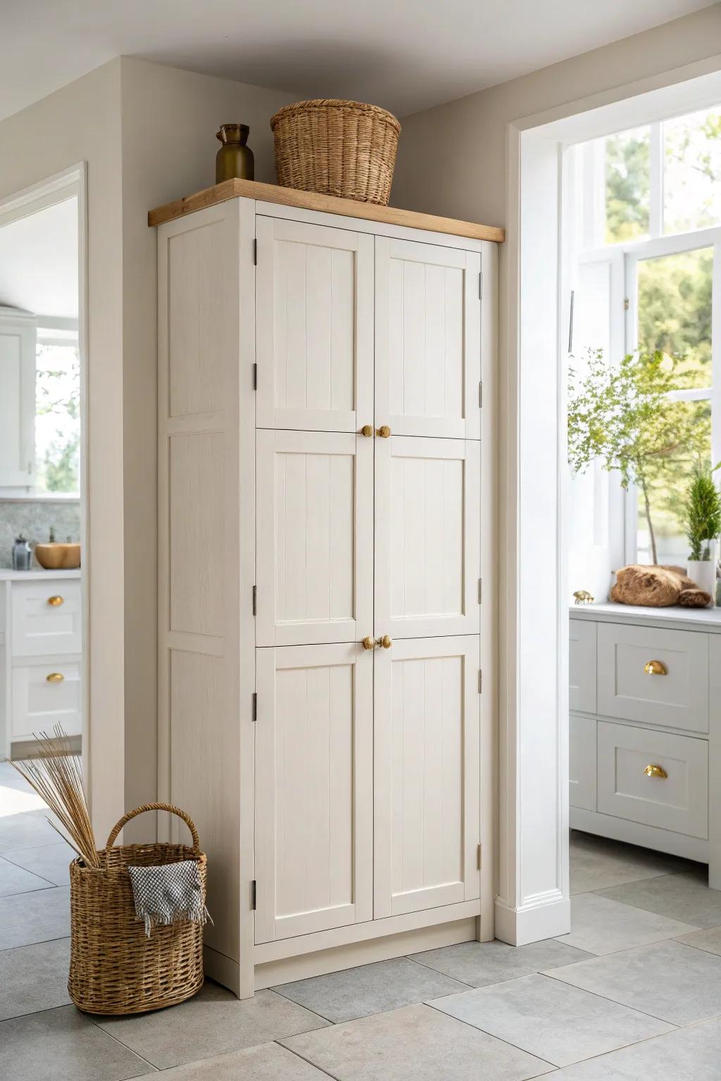 Stacked upper cabinets to the ceiling: extra storage with a clean, minimal small-kitchen look.