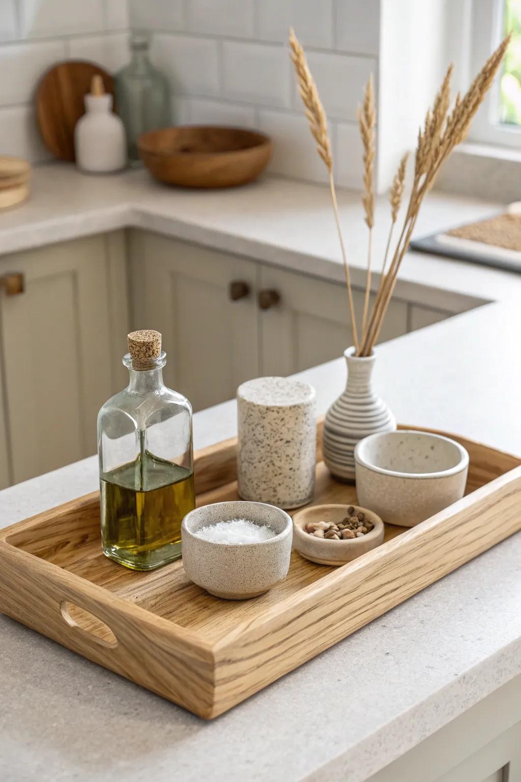 A simple wooden tray turns oils and salt into a calm, styled kitchen-corner moment.