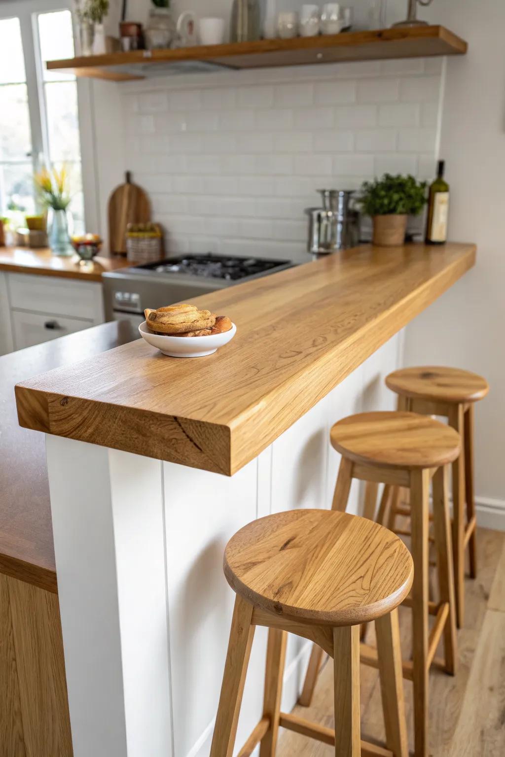 A classic half-wall breakfast bar overhang—warm oak, airy minimal style, perfect for small kitchens.