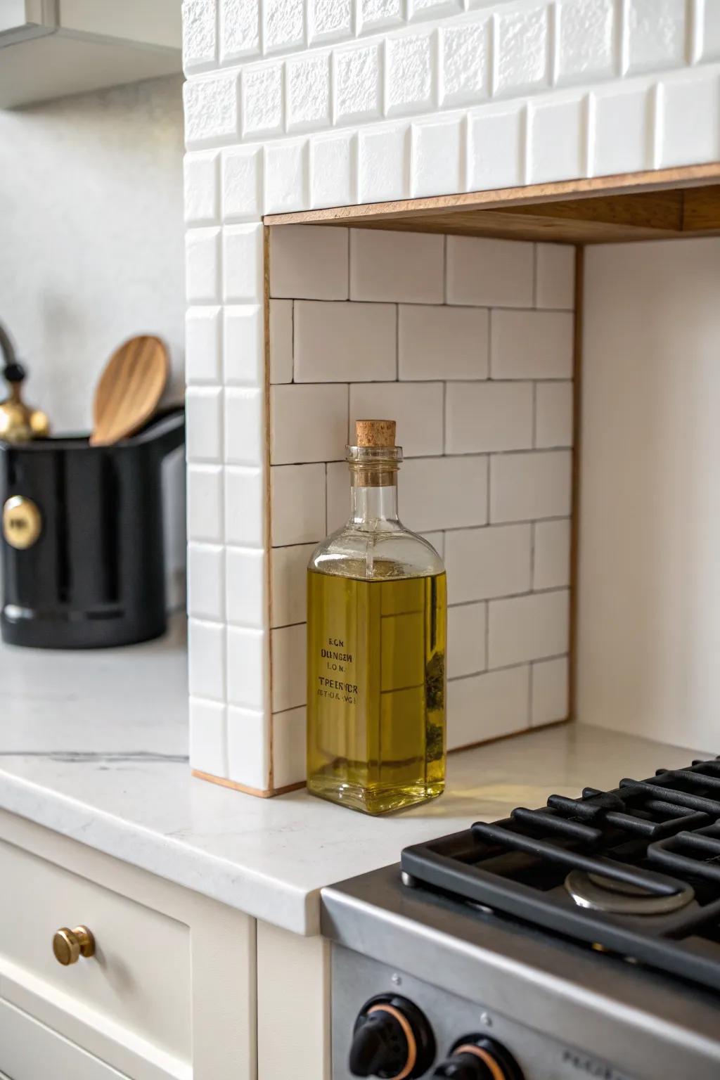 Behind-the-range niche styling: a single olive oil bottle that keeps small kitchens clutter-free.