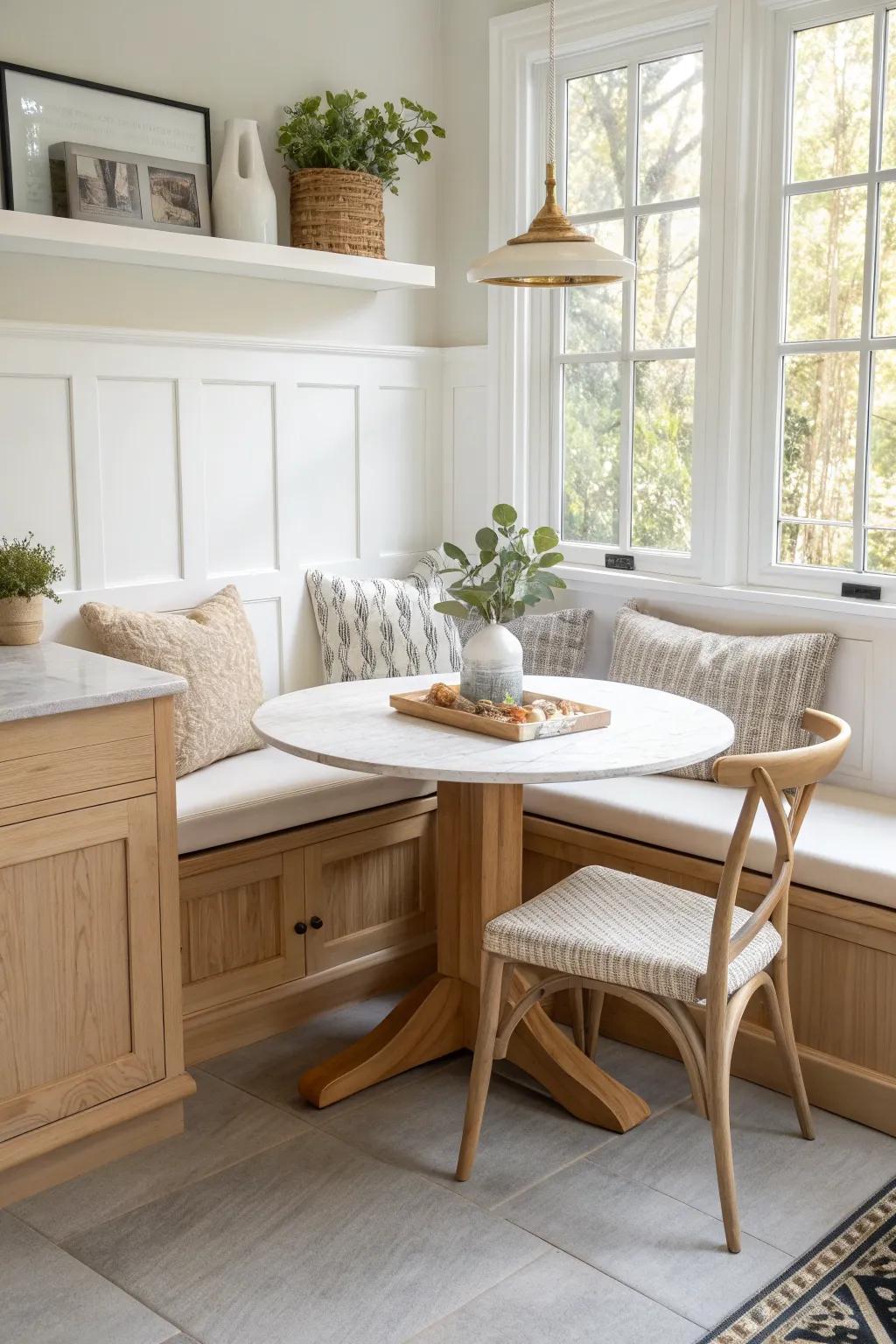 A classic L-shaped banquette that turns an unused corner into extra seating—without crowding.