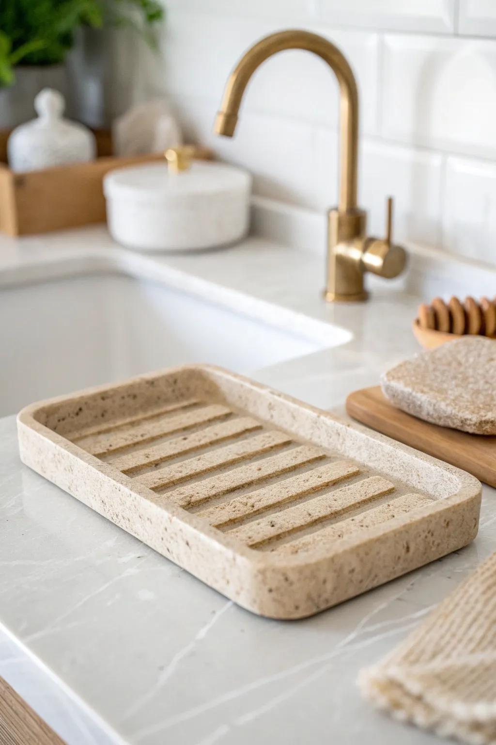 A simple drip tray by the faucet keeps soap rings away and your sink area beautifully calm.